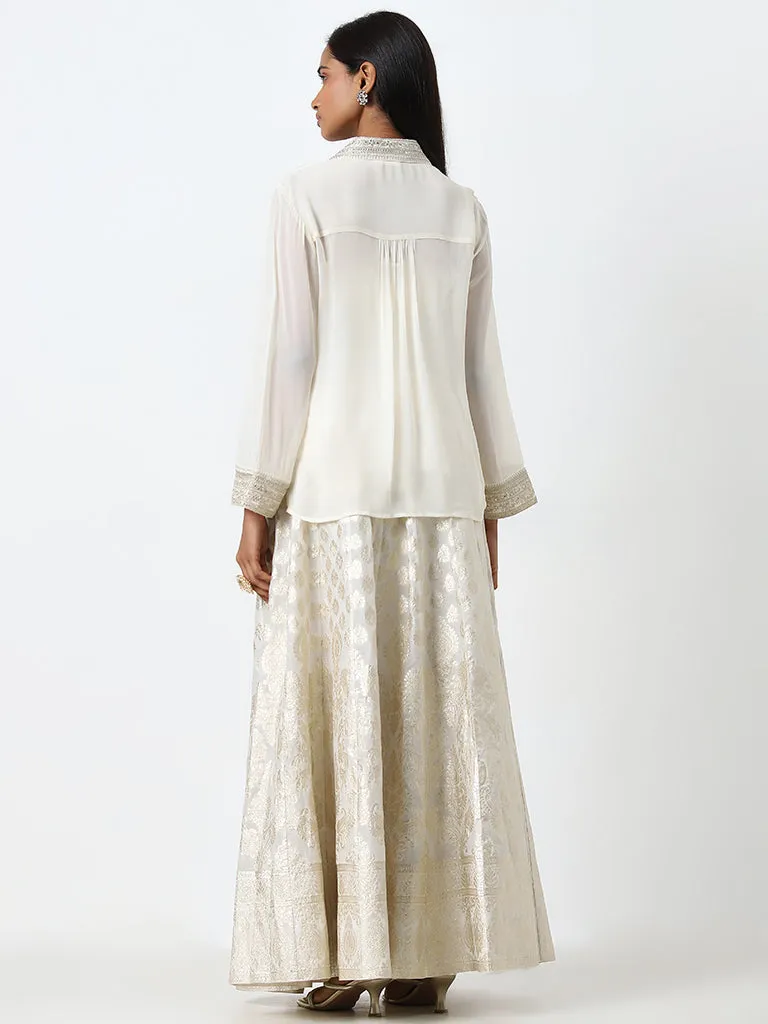 Vark Off-White Embellished Shirt, Inner and Brocade Skirt Set