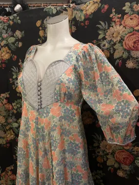 Vintage 1970s Anna Belinda Designer Prairie Dress Medieval Renaissance Quilted Corset Bodice Balloon Sleeve Floral Mazi Pastel Blue UK 10 12