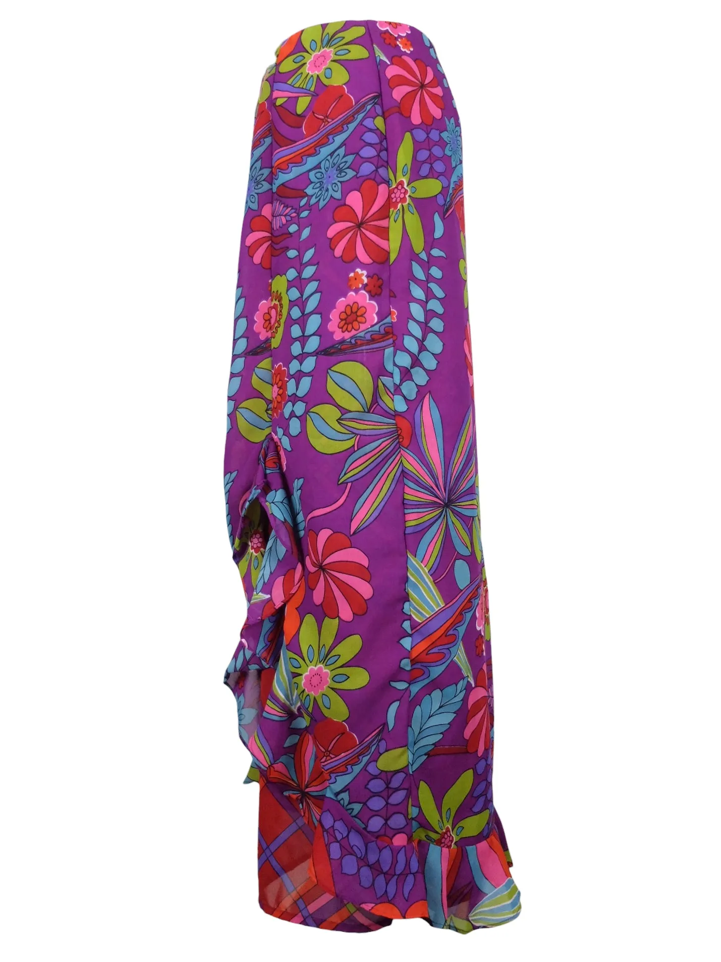 Vintage 2000s Y2K Bright Funky Psychedelic Floral Abstract Patterned Low Rise Layered Ruffle Maxi Skirt | 29 Inch Waist