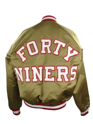 Vintage 80s Athletic San Francisco 49ers Chalk Line Silky Satin Gold & Red Embroidered Letterman Snap Button Down Bomber Jacket | Men’s Size M