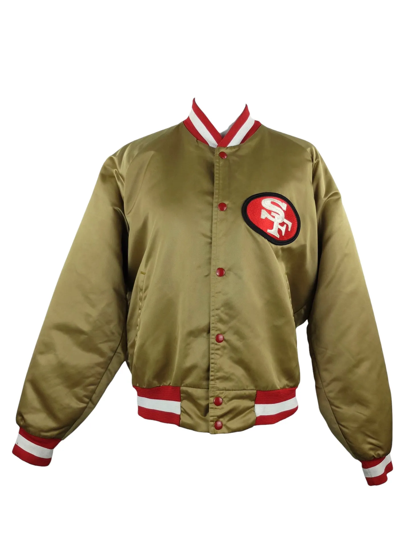 Vintage 80s Athletic San Francisco 49ers Chalk Line Silky Satin Gold & Red Embroidered Letterman Snap Button Down Bomber Jacket | Men’s Size M