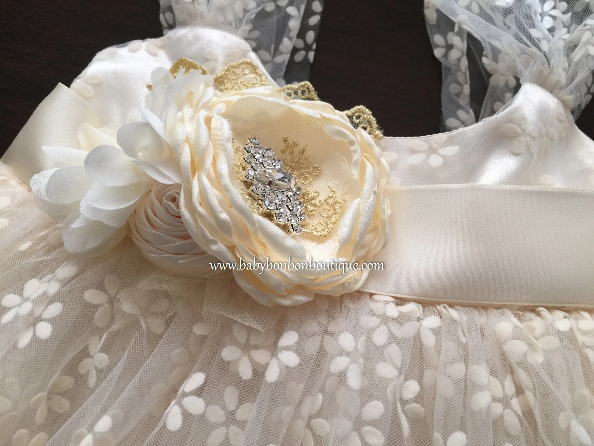 Vintage Cream Baptism Tulle Dress with Headband and Sash