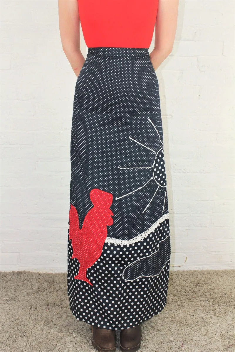 Vintage High Waisted Maxi Skirt - Black & Scarlet Polka Dot Applique - Size XXS