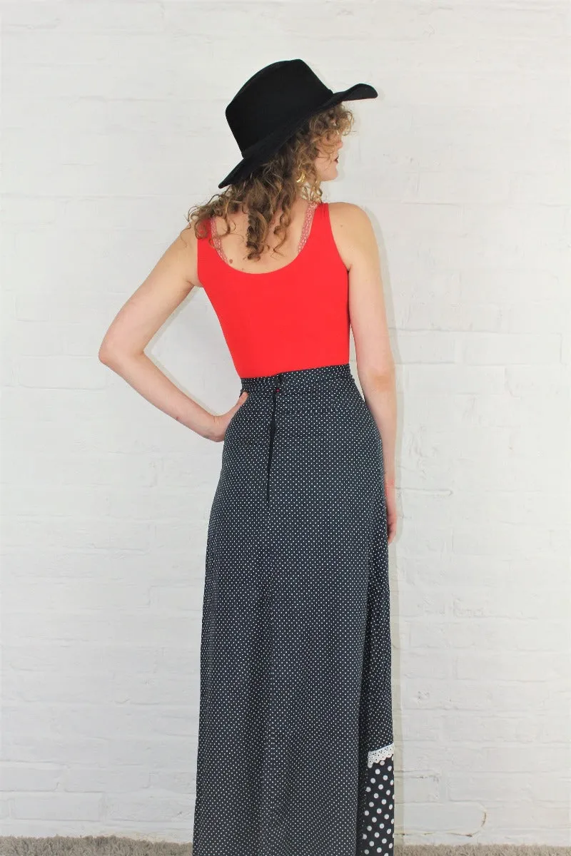 Vintage High Waisted Maxi Skirt - Black & Scarlet Polka Dot Applique - Size XXS