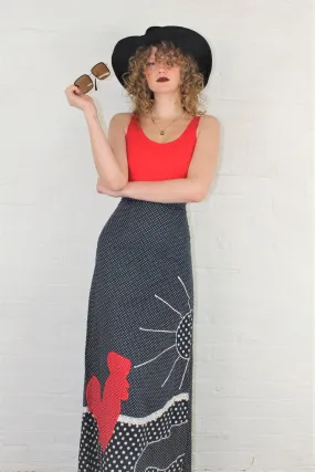 Vintage High Waisted Maxi Skirt - Black & Scarlet Polka Dot Applique - Size XXS