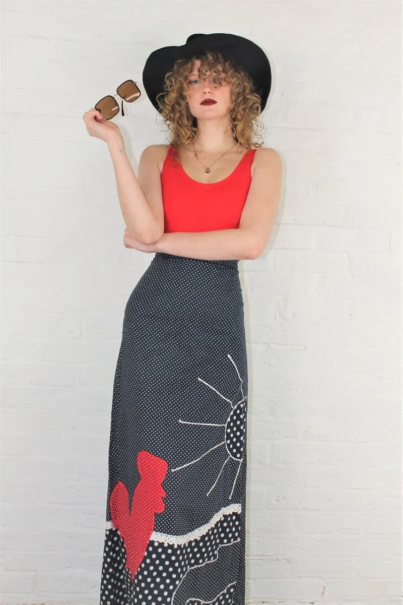 Vintage High Waisted Maxi Skirt - Black & Scarlet Polka Dot Applique - Size XXS