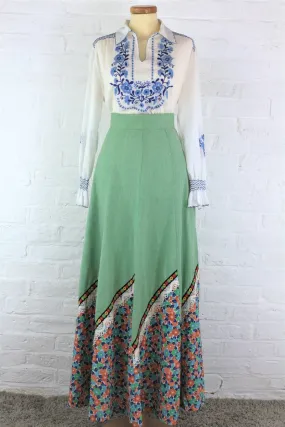 Vintage High Waisted Maxi Skirt - Bright Sage & Retro Floral - XXS