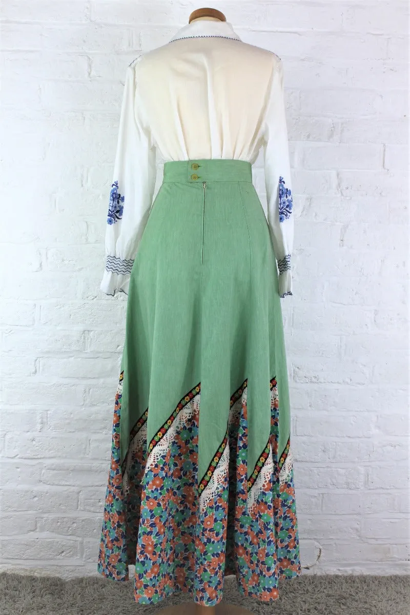 Vintage High Waisted Maxi Skirt - Bright Sage & Retro Floral - XXS