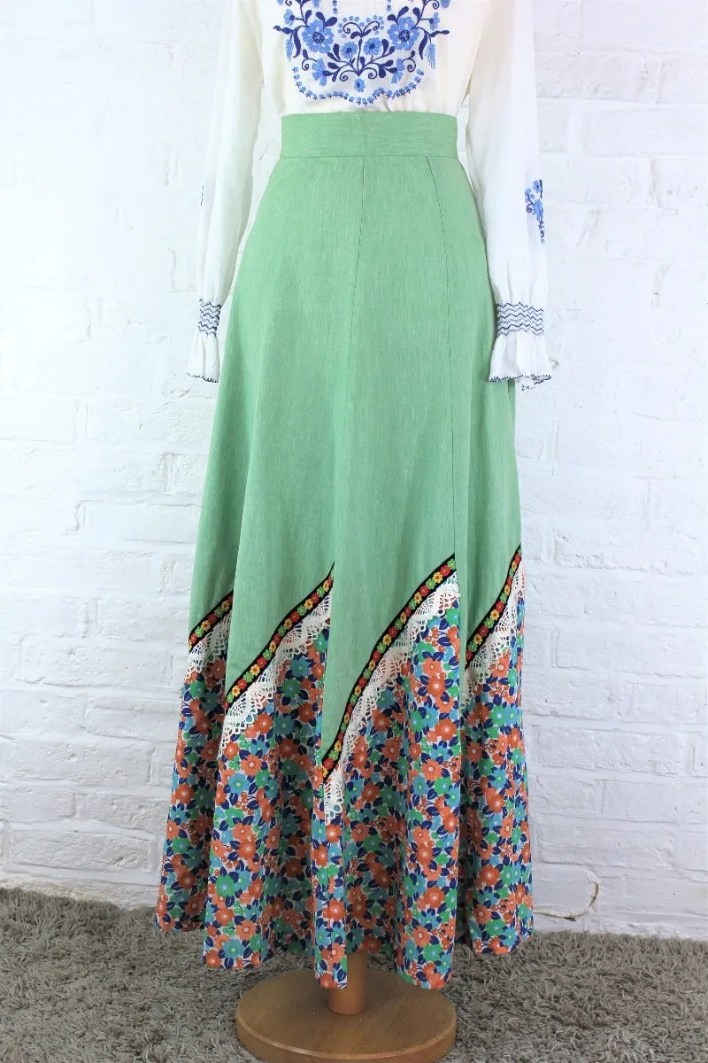 Vintage High Waisted Maxi Skirt - Bright Sage & Retro Floral - XXS