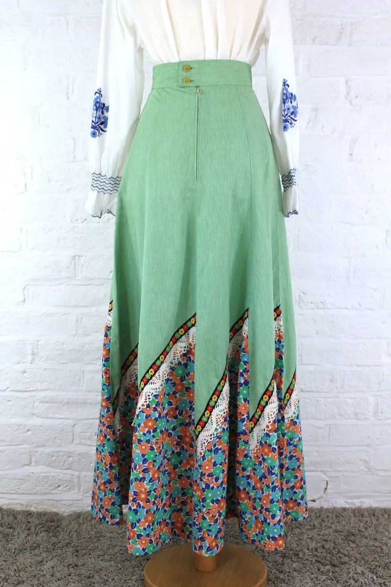 Vintage High Waisted Maxi Skirt - Bright Sage & Retro Floral - XXS