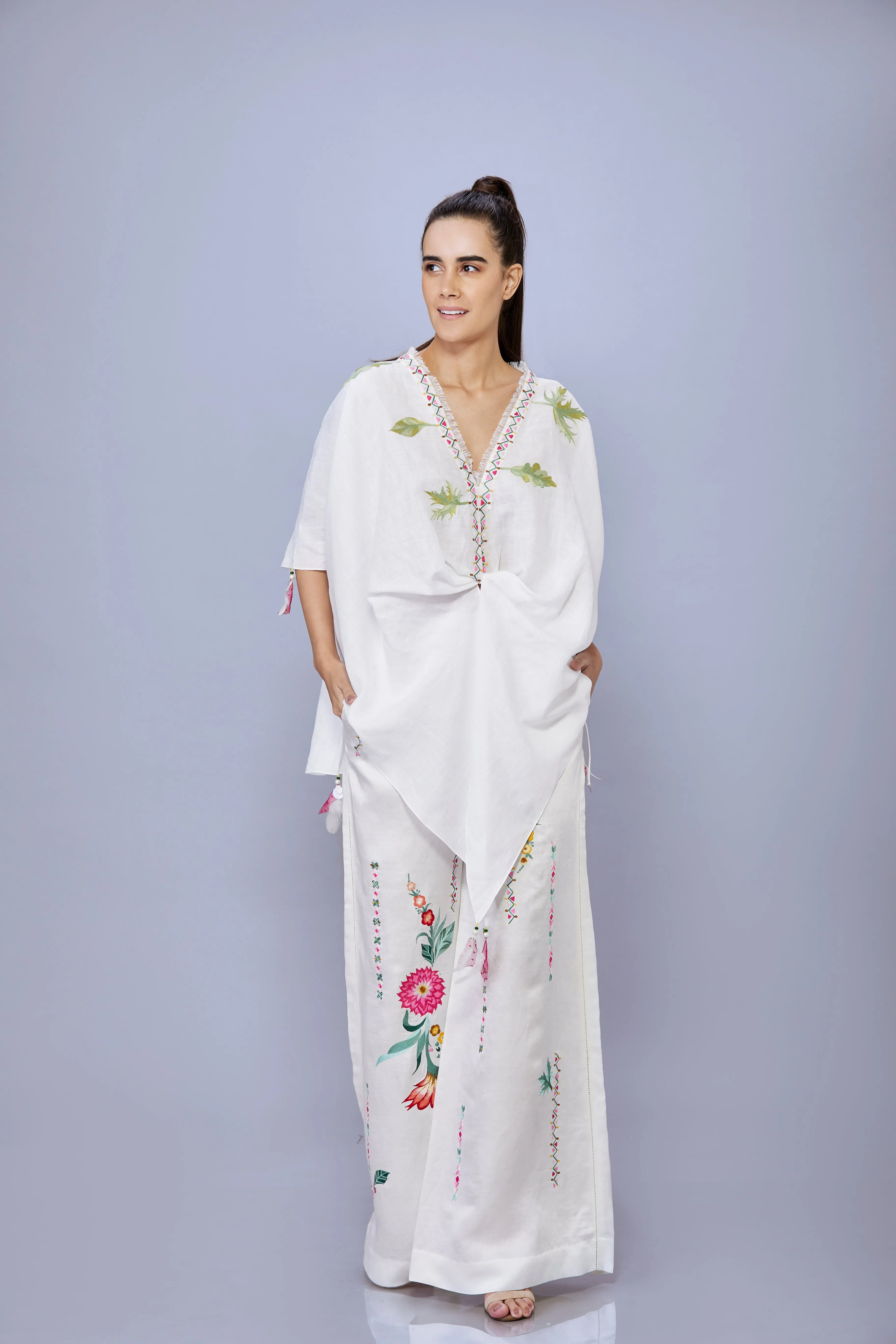 White linen cotton draped kaftan with thread embroidery