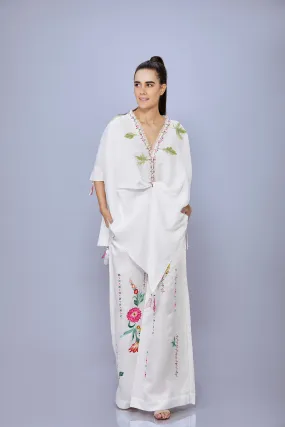 White linen cotton draped kaftan with thread embroidery