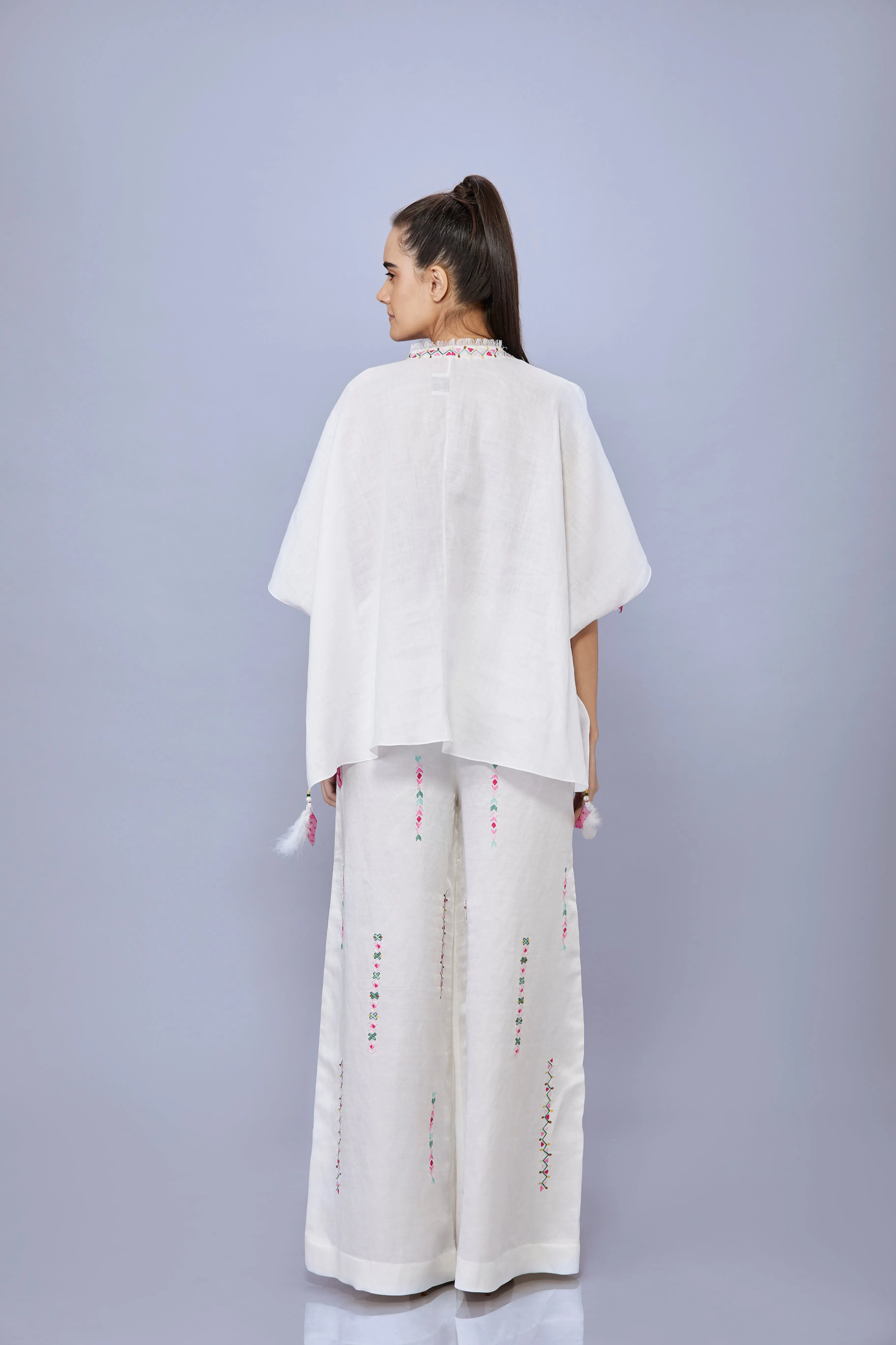 White linen cotton draped kaftan with thread embroidery