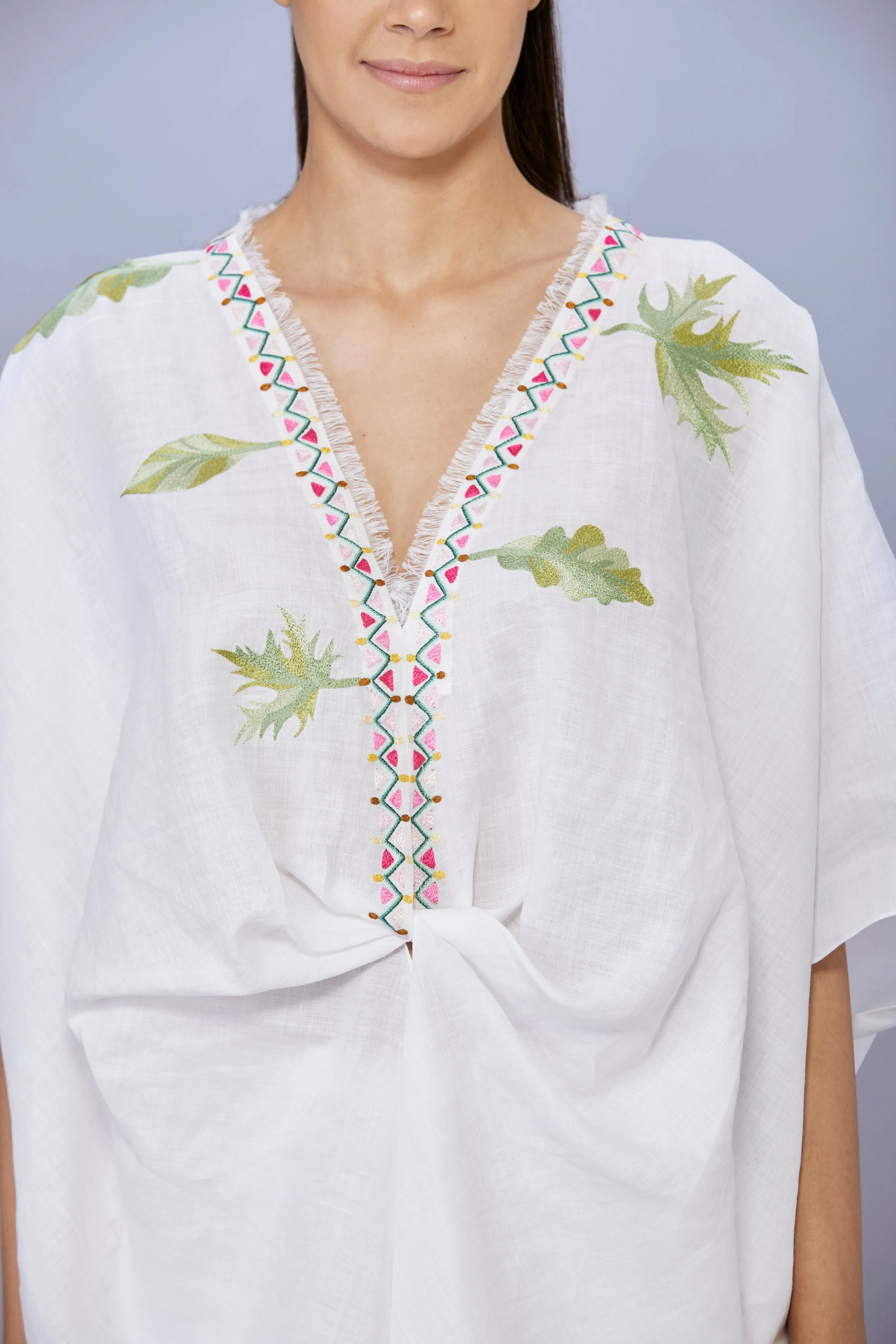 White linen cotton draped kaftan with thread embroidery