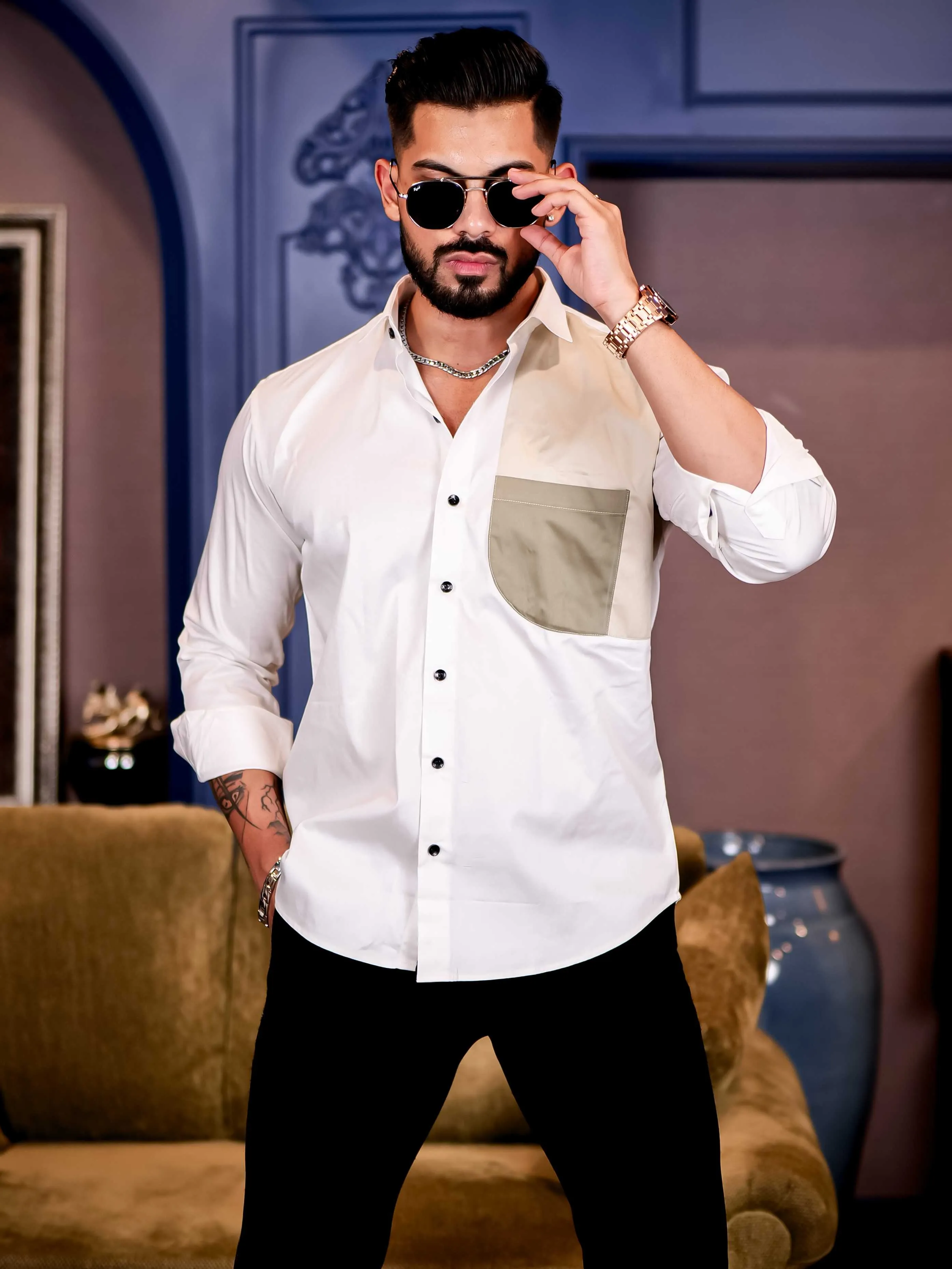 White with Cream Cut n sew Premium Cotton Shirt For Men