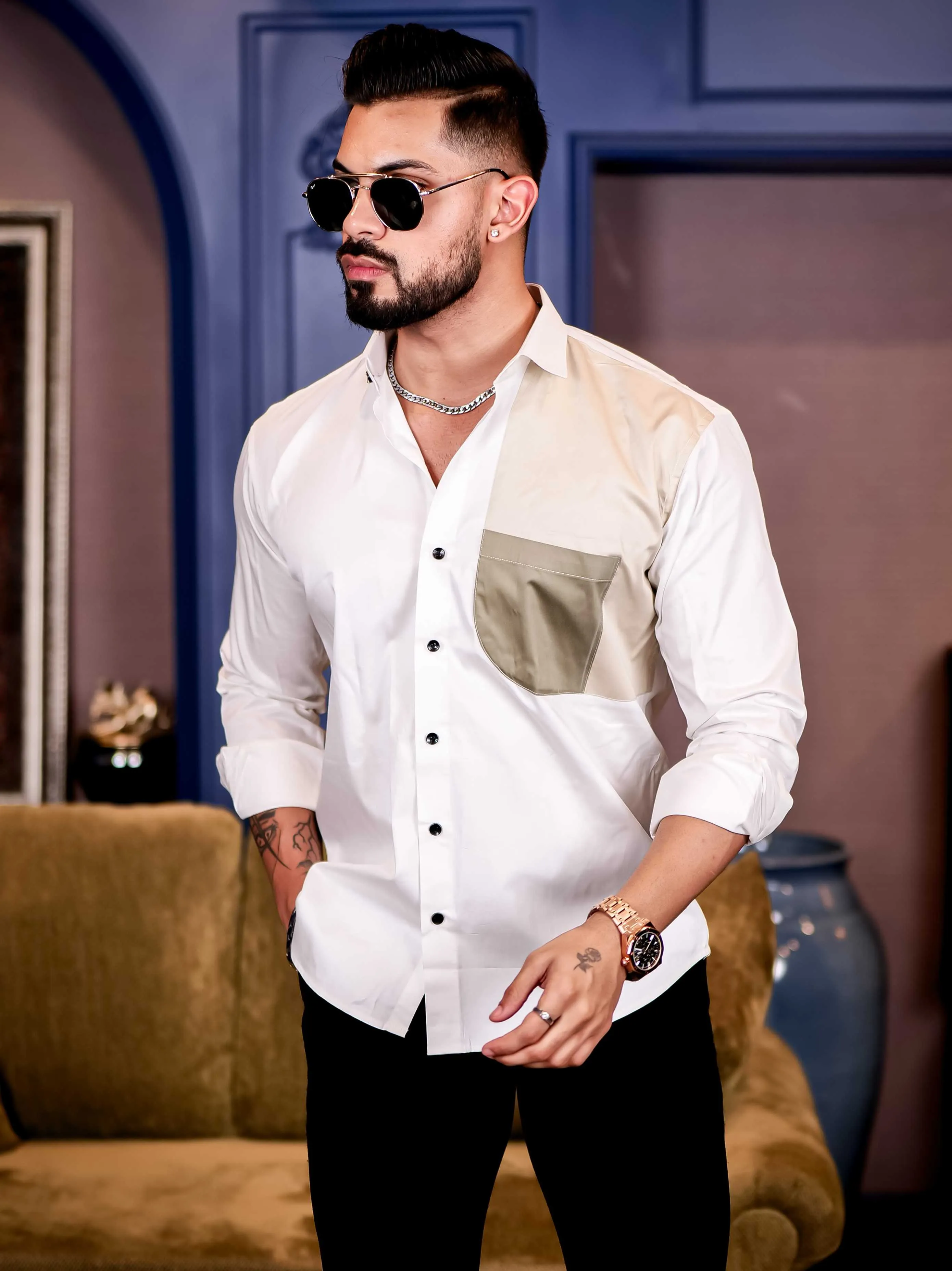 White with Cream Cut n sew Premium Cotton Shirt For Men