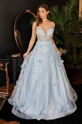 WINONA Baby Blue Floral Tulle Applique A Line Ball Gown Prom Dress