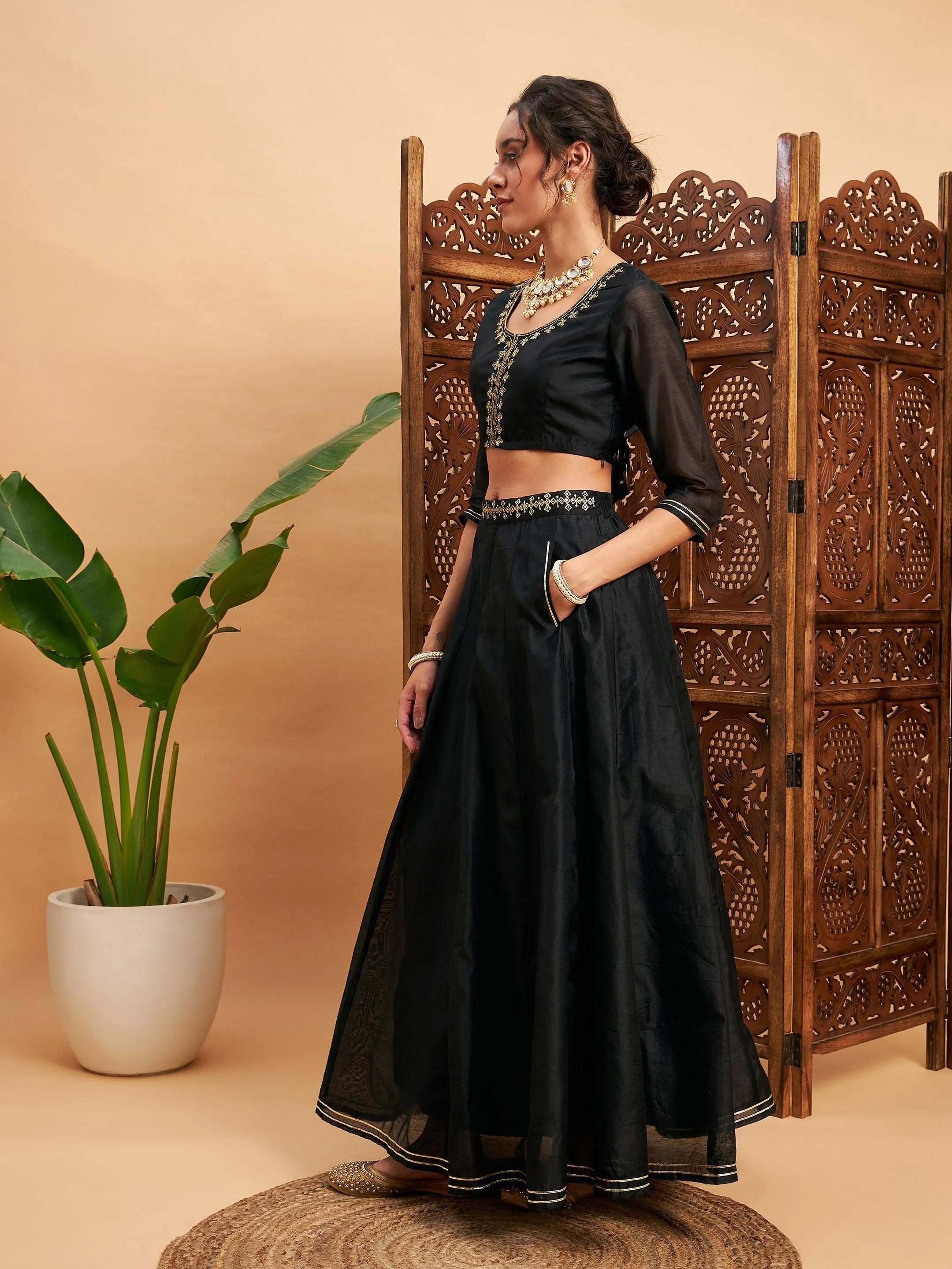 Women Black Embroidered Anarkali Skirt With Crop Top