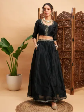 Women Black Embroidered Anarkali Skirt With Crop Top