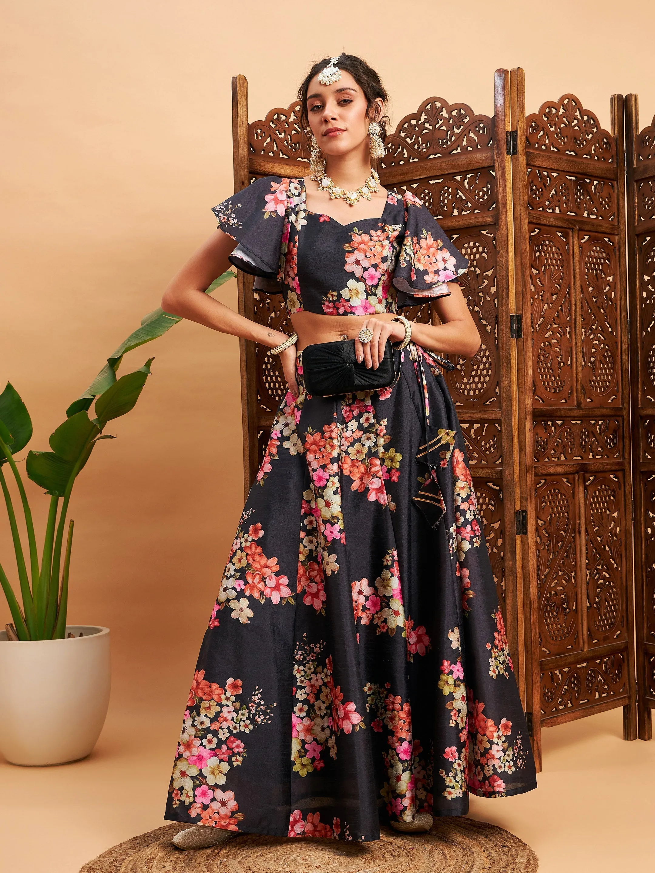 Women Black Floral Anarkali Skirt With Crop Top