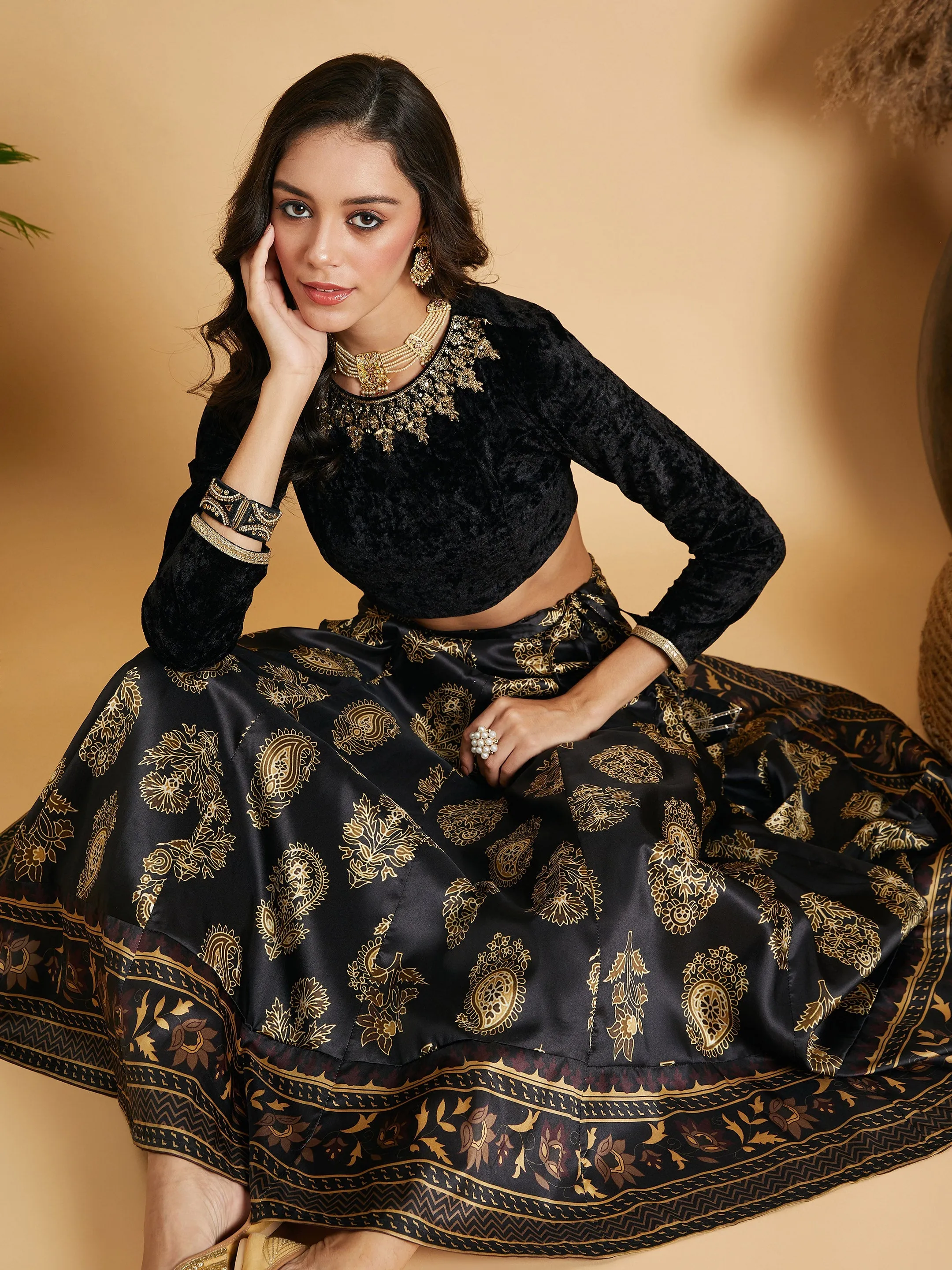 Women Black Floral Skirt With Black Velvet Full Sleeves Crop Top