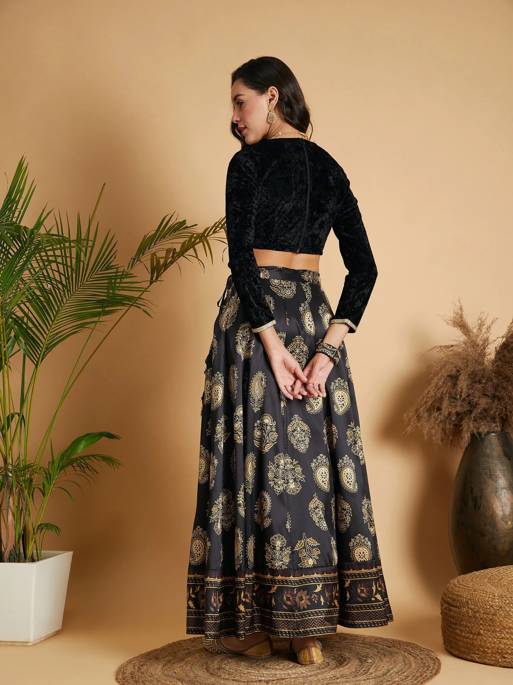 Women Black Floral Skirt With Black Velvet Full Sleeves Crop Top