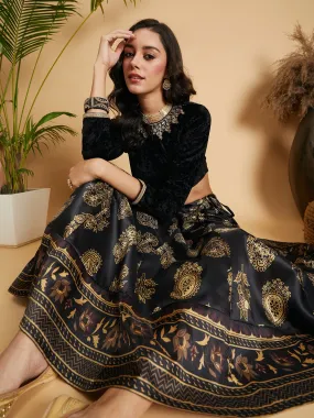 Women Black Floral Skirt With Black Velvet Full Sleeves Crop Top