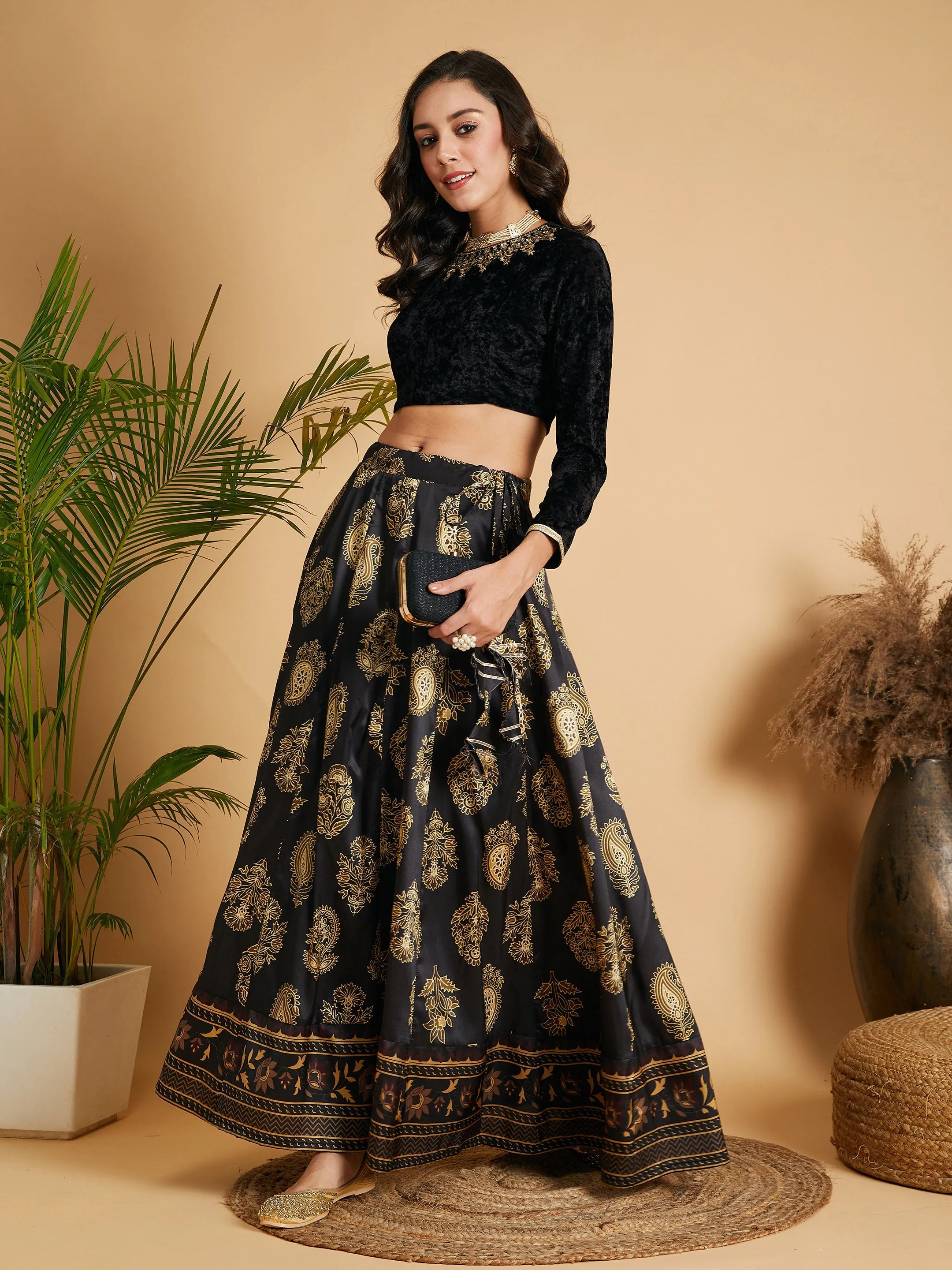 Women Black Floral Skirt With Black Velvet Full Sleeves Crop Top