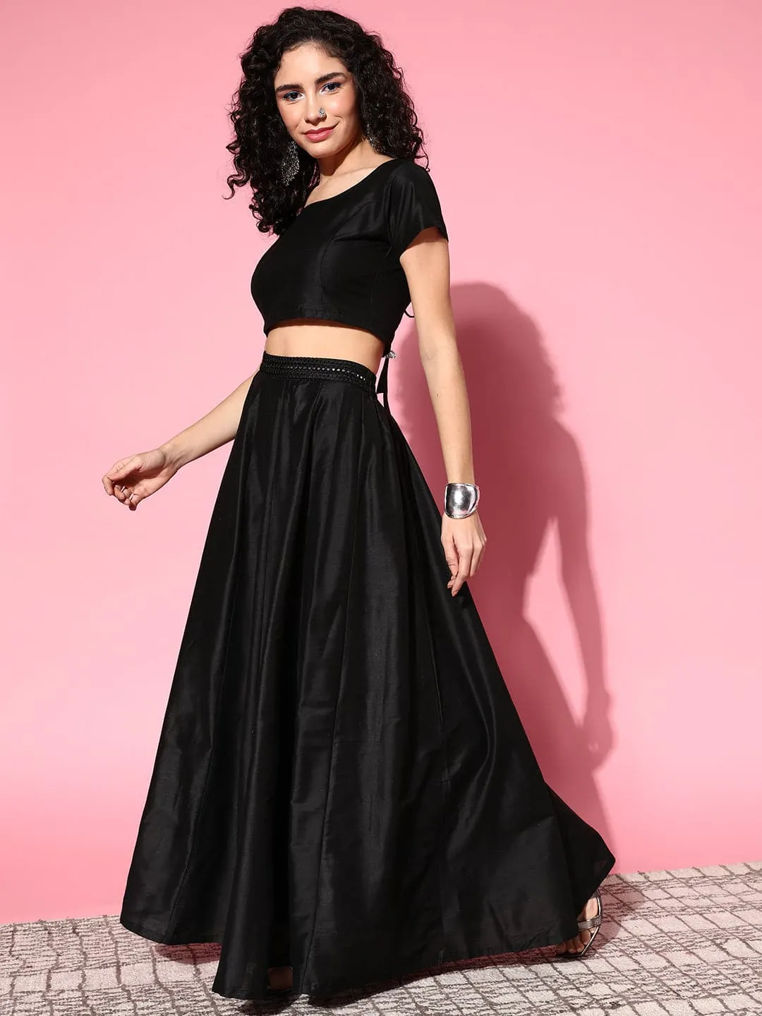 Women Black Mirror Crop Top With Anarkali Skirt