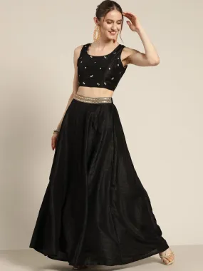 Women Black Mirror Embroidered Top With Anarkali Skirt