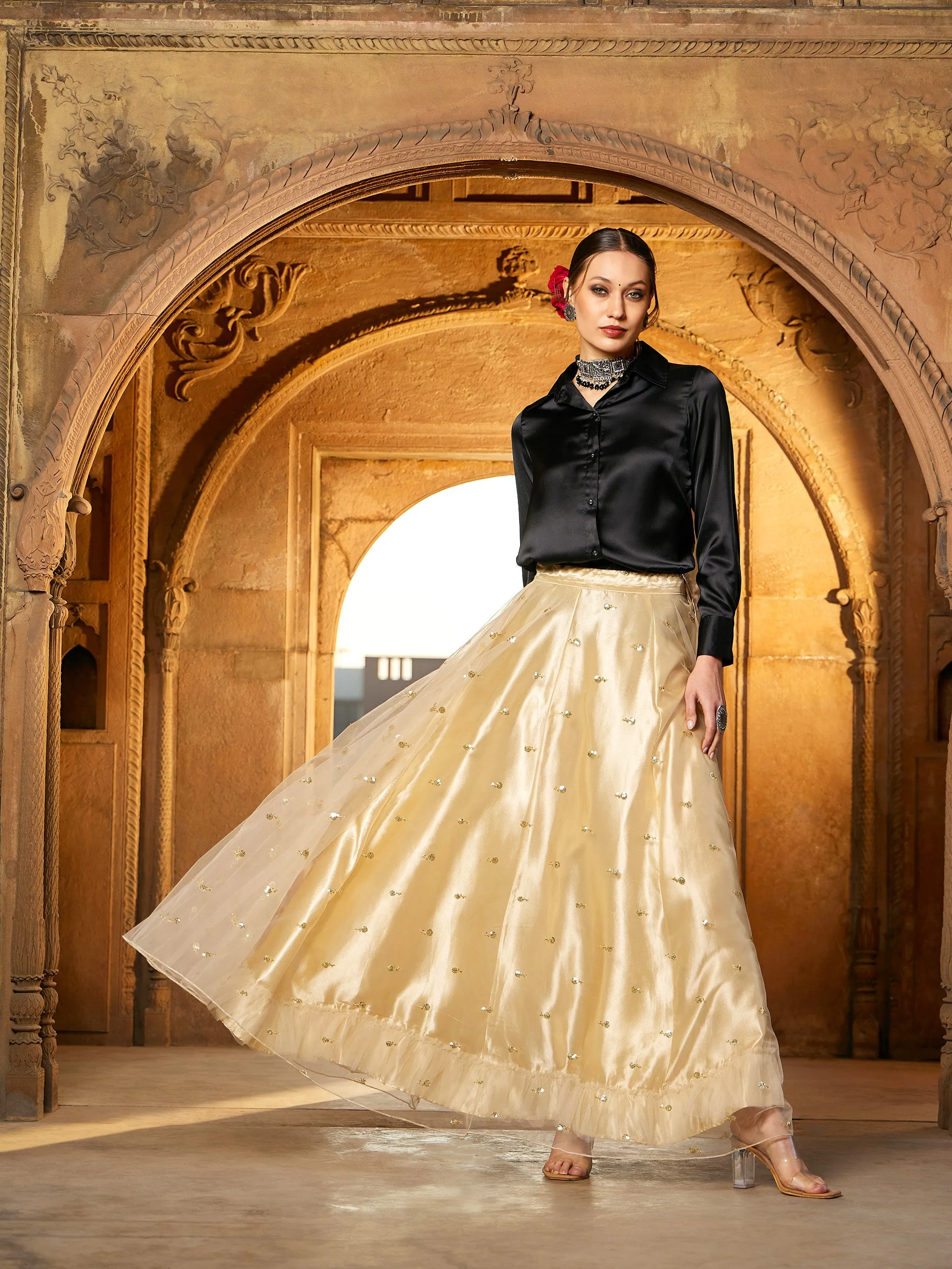 Women Black Satin Shirt With Gold Tulle Sequin Skirt