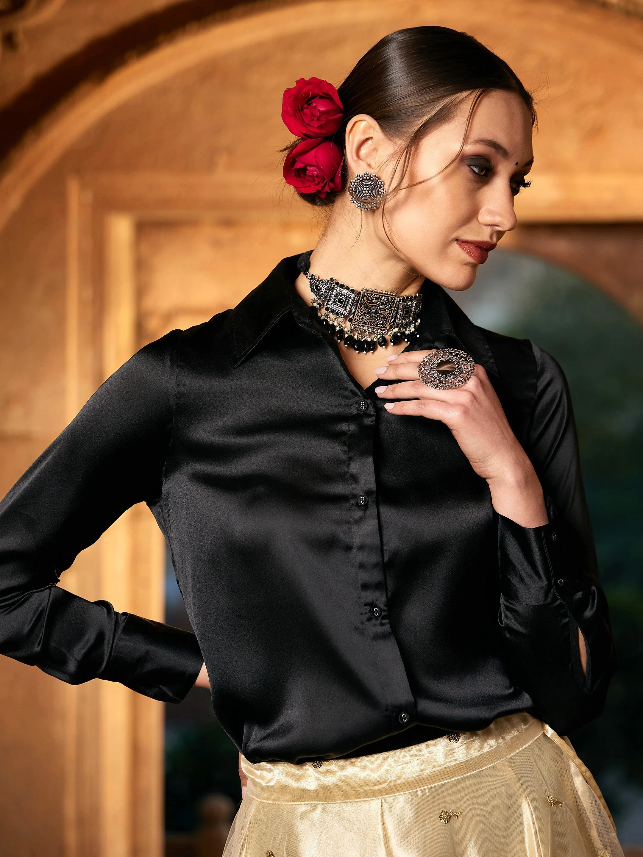 Women Black Satin Shirt With Gold Tulle Sequin Skirt