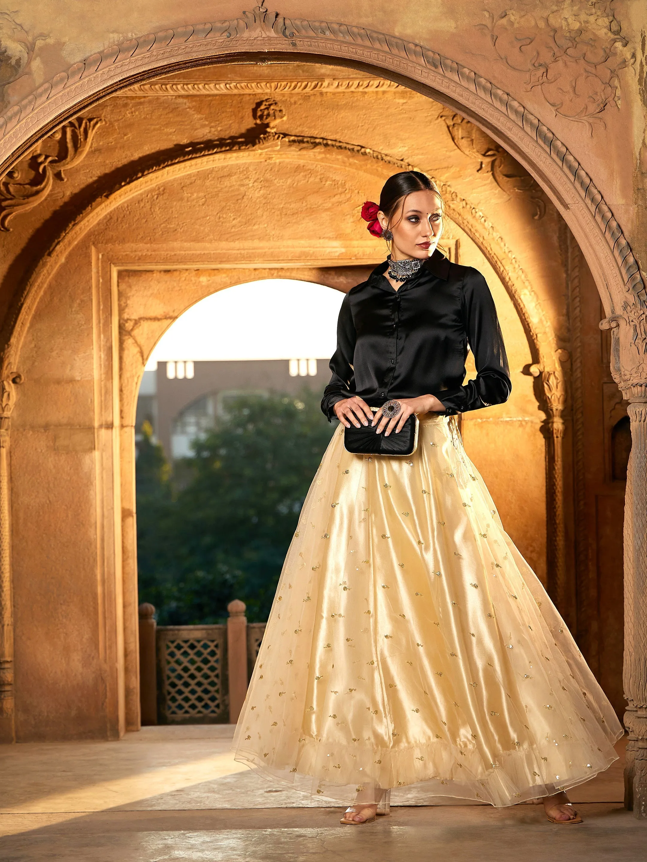 Women Black Satin Shirt With Gold Tulle Sequin Skirt