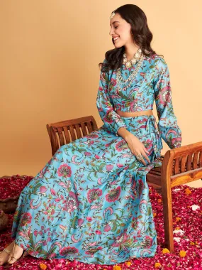 Women Blue Floral Anarkali Side Tussle Skirt With Crop Top