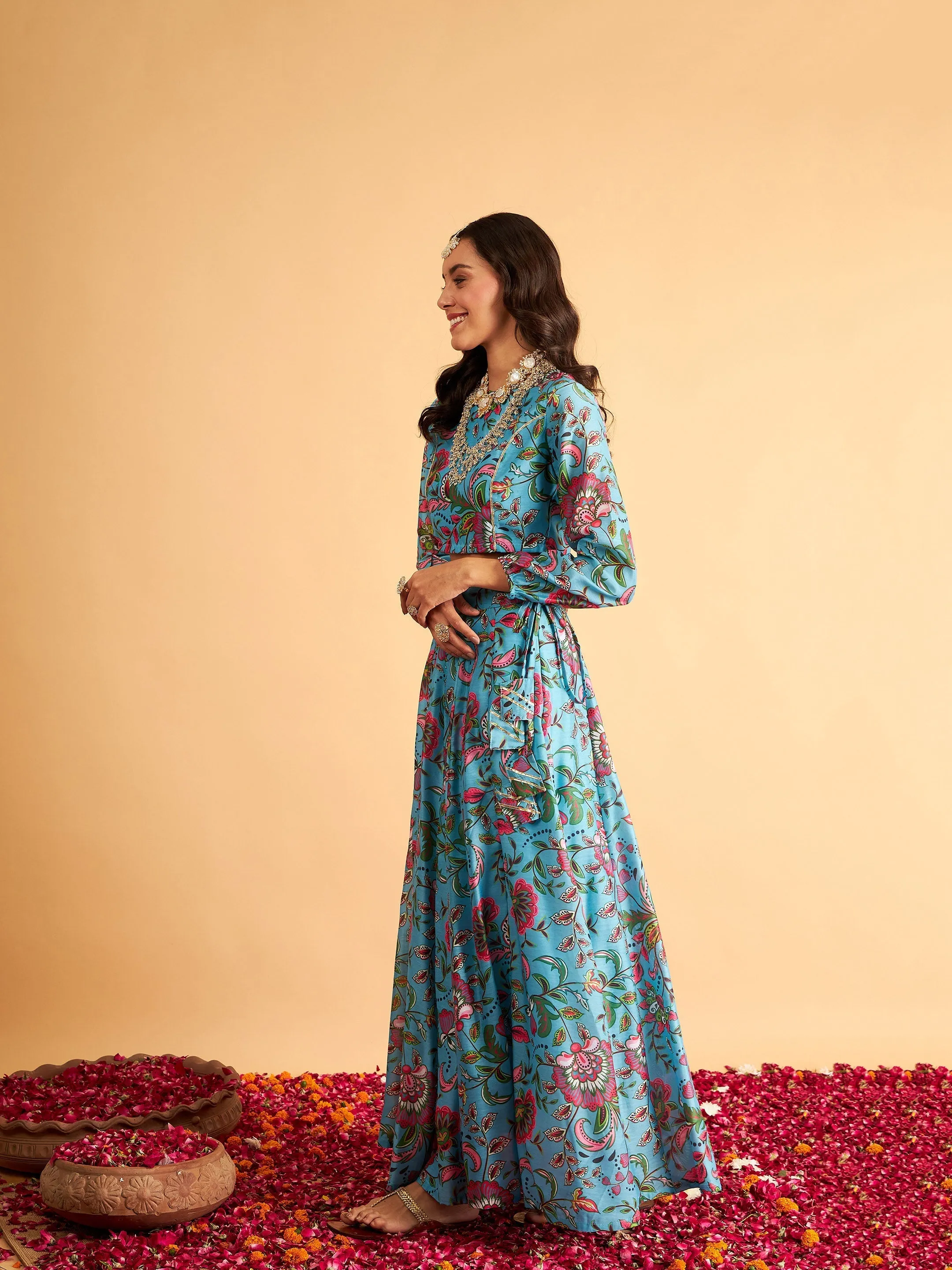 Women Blue Floral Anarkali Side Tussle Skirt With Crop Top