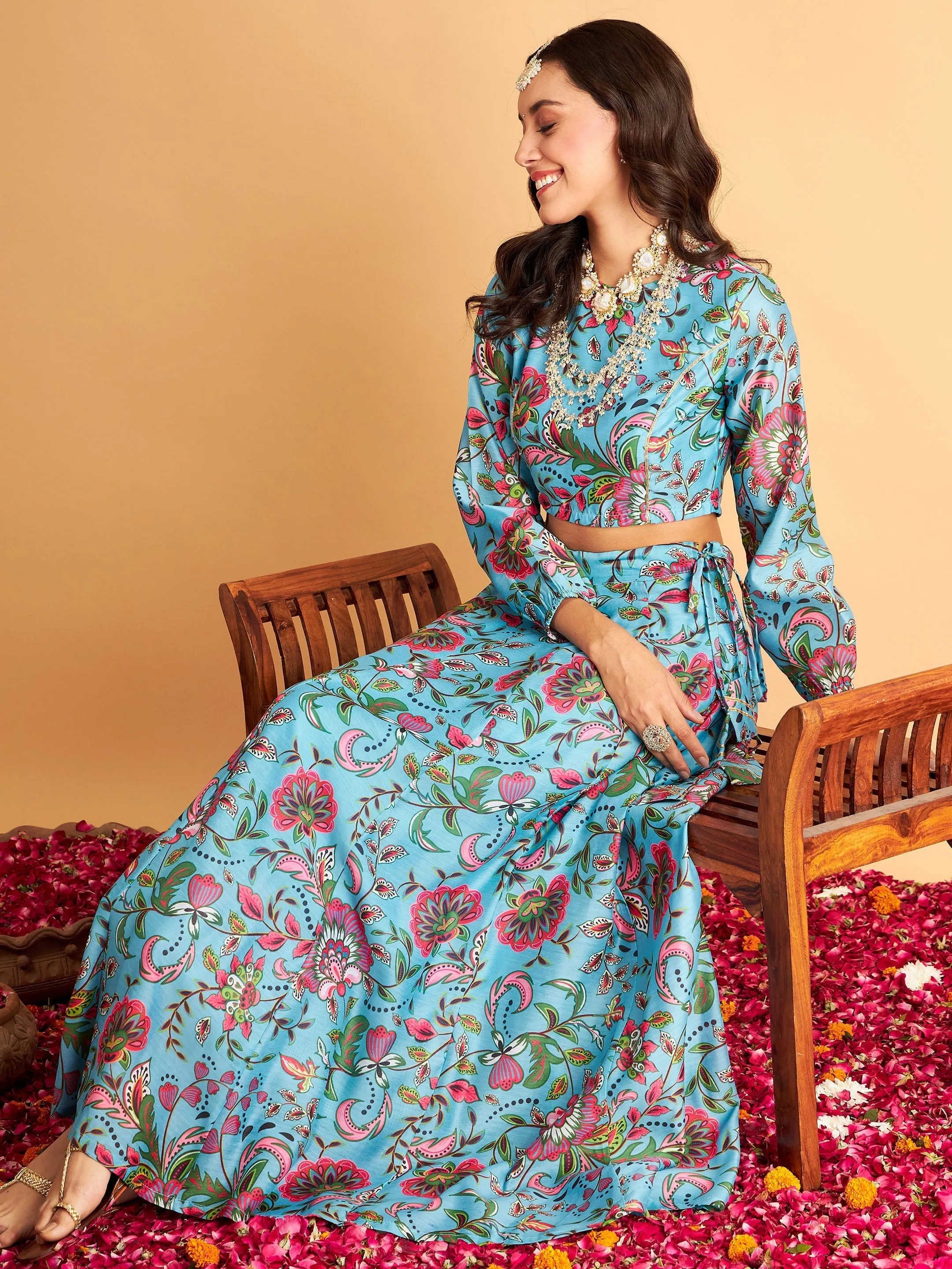 Women Blue Floral Anarkali Skirt With Crop Top