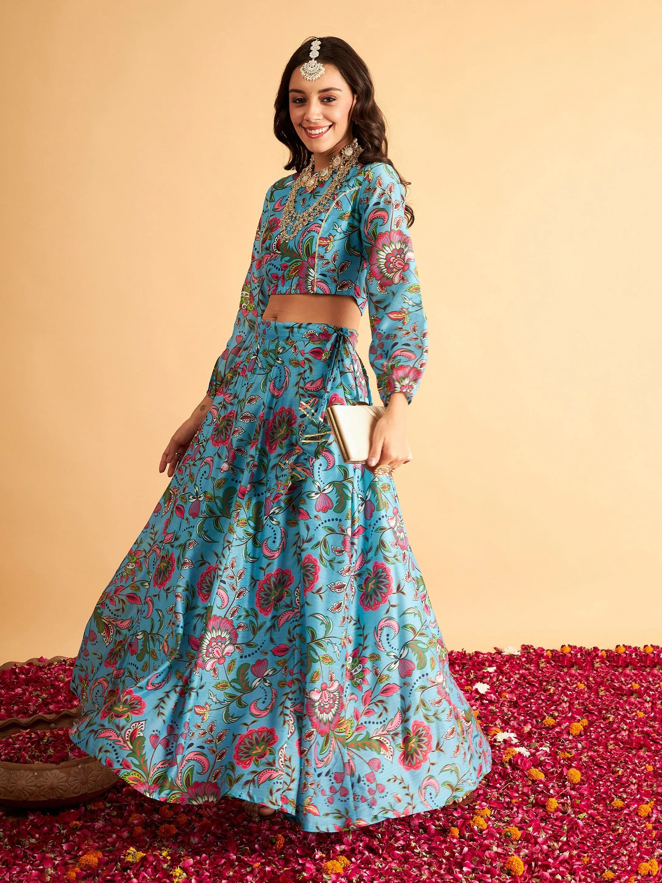 Women Blue Floral Anarkali Skirt With Crop Top