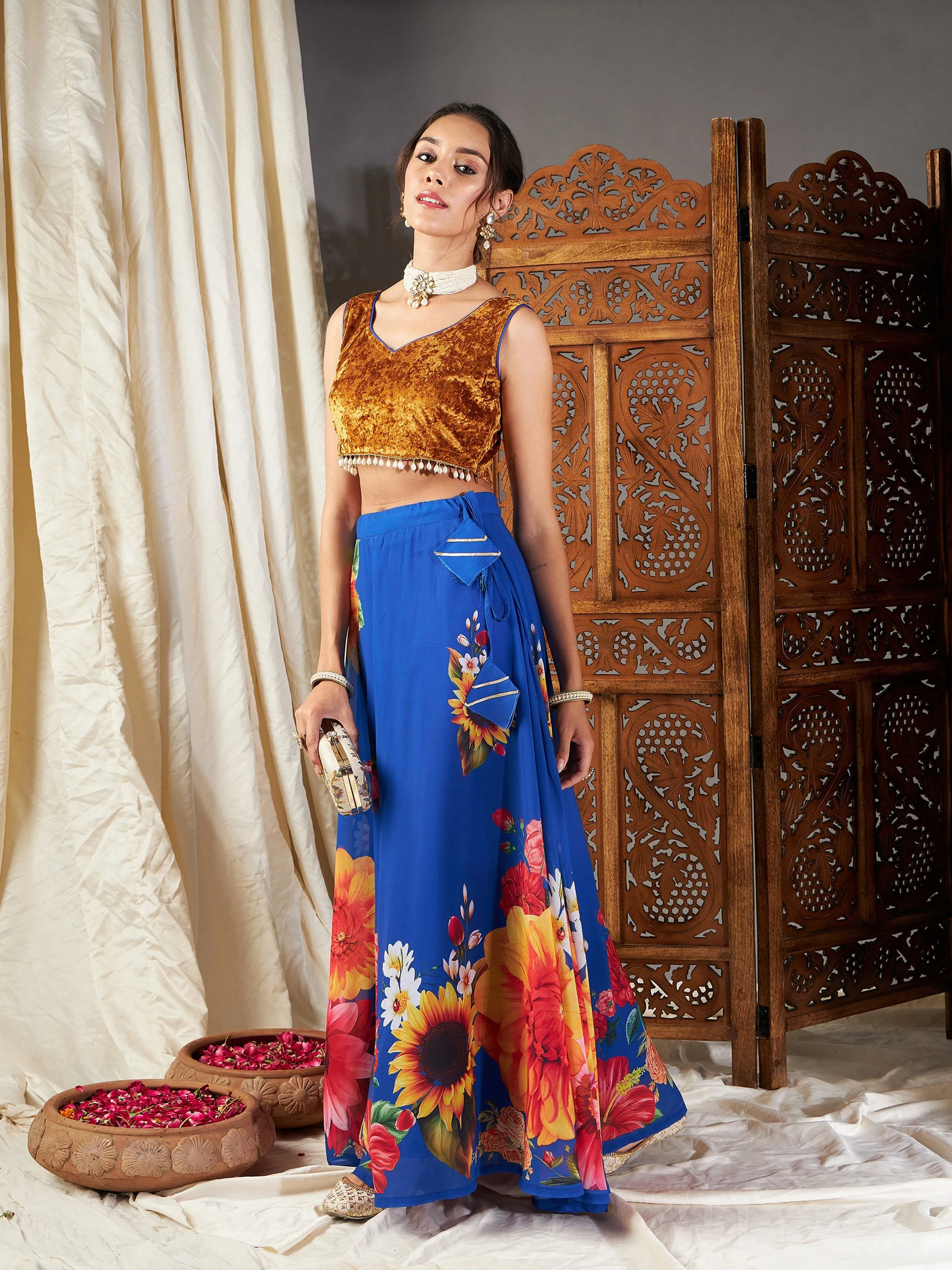 Women Blue Floral Bias Flared Skirt