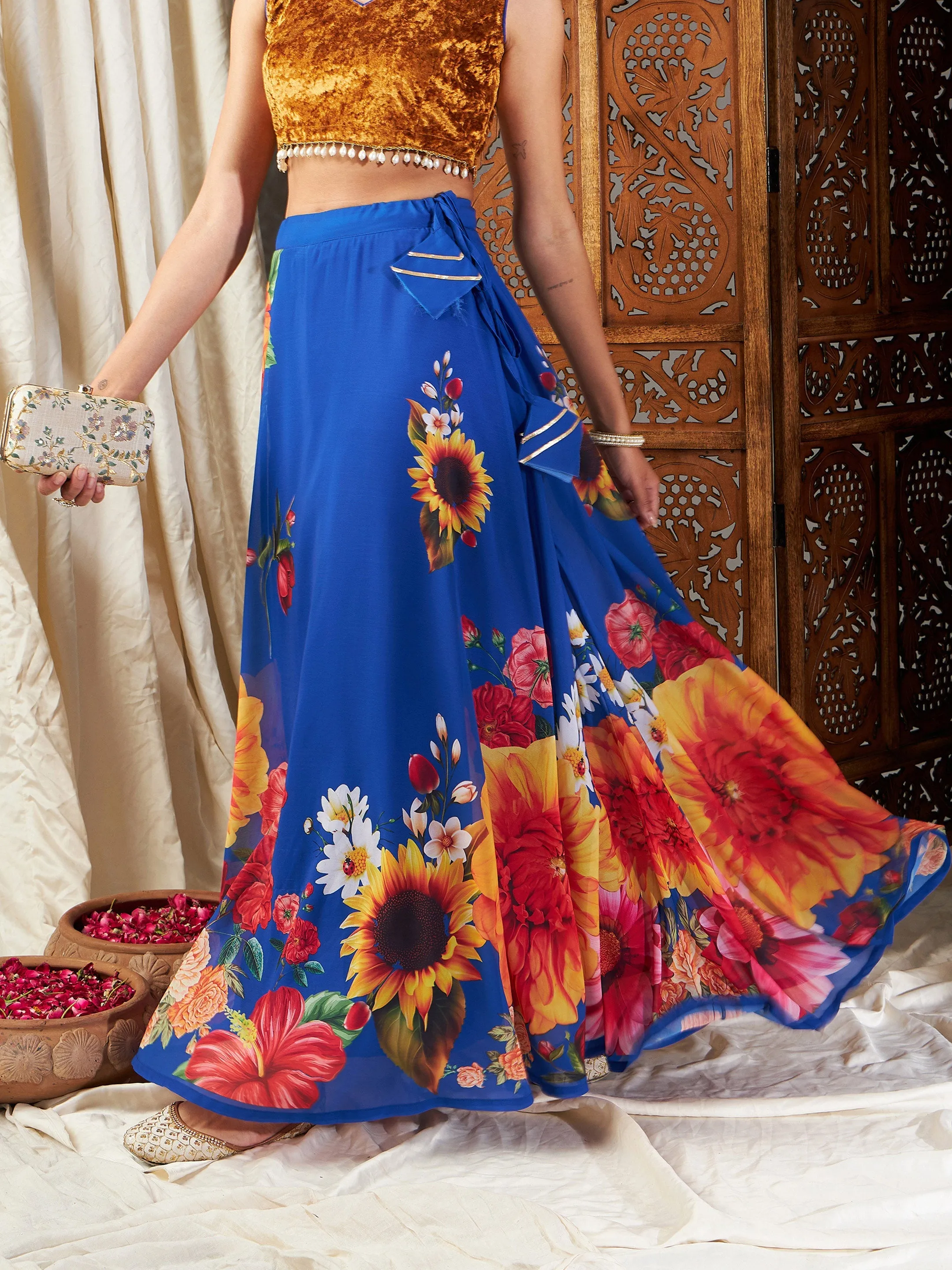 Women Blue Floral Bias Flared Skirt