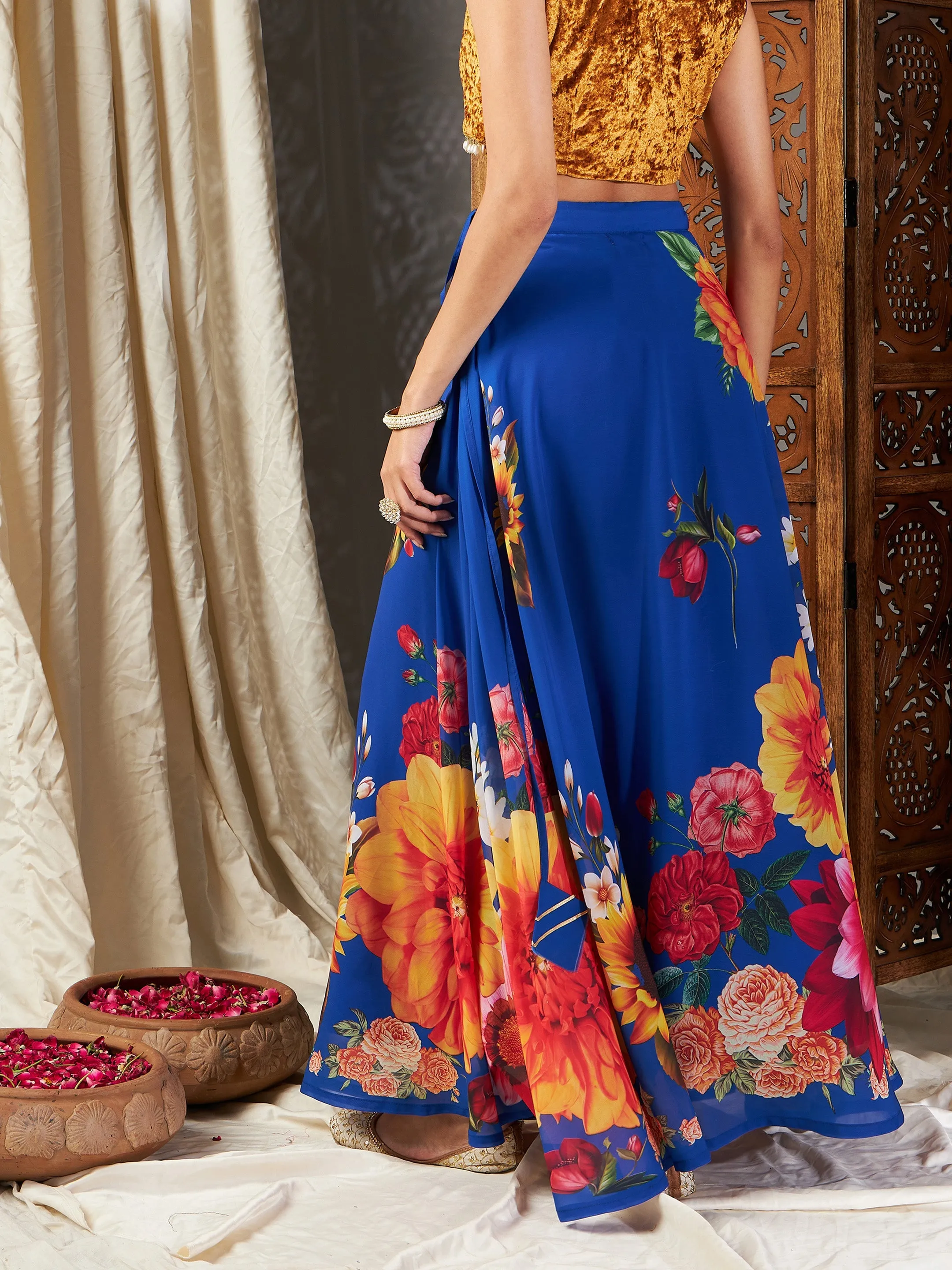 Women Blue Floral Bias Flared Skirt