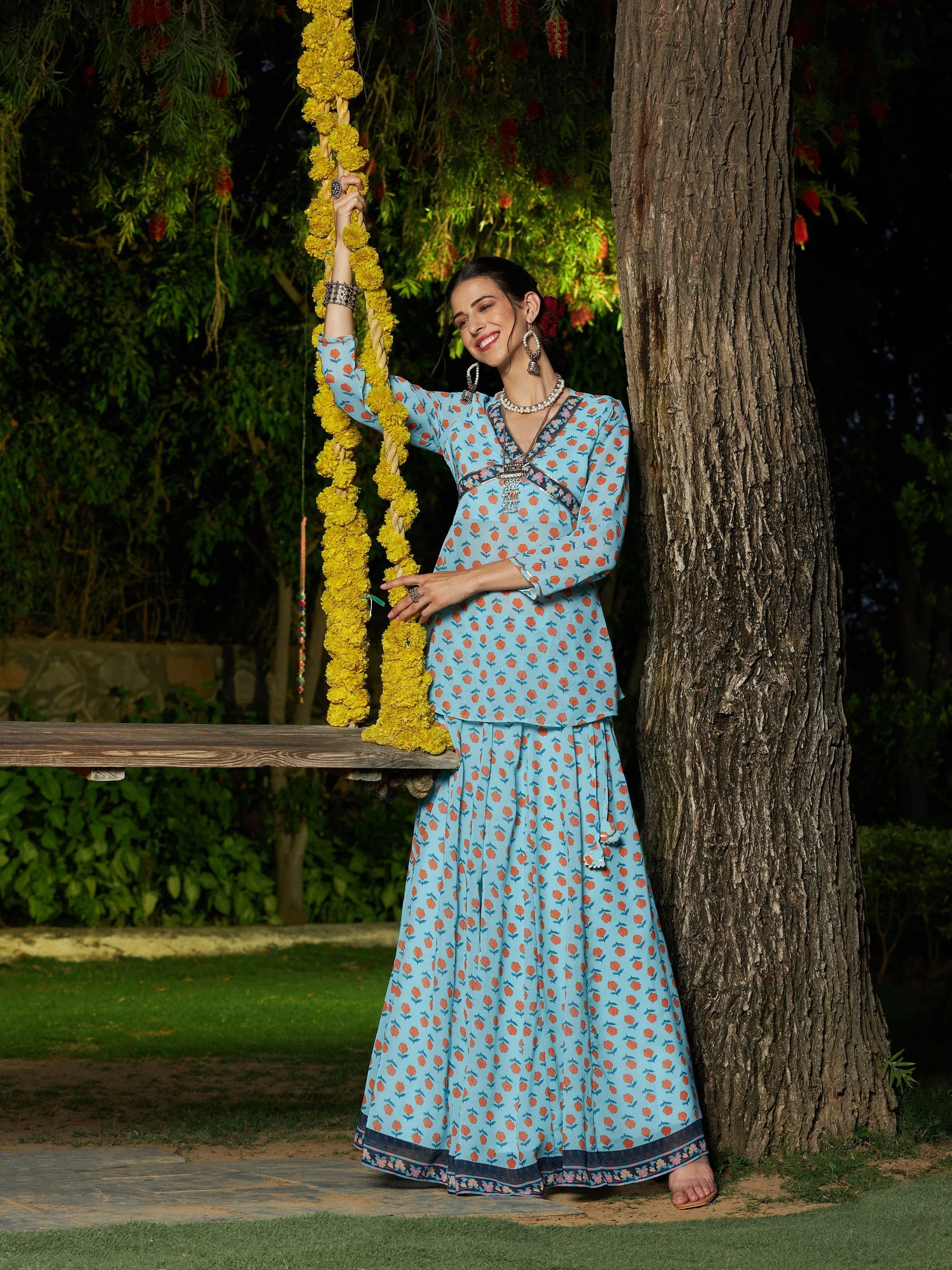 Women Blue Floral Peplum Top With Anarkali Skirt