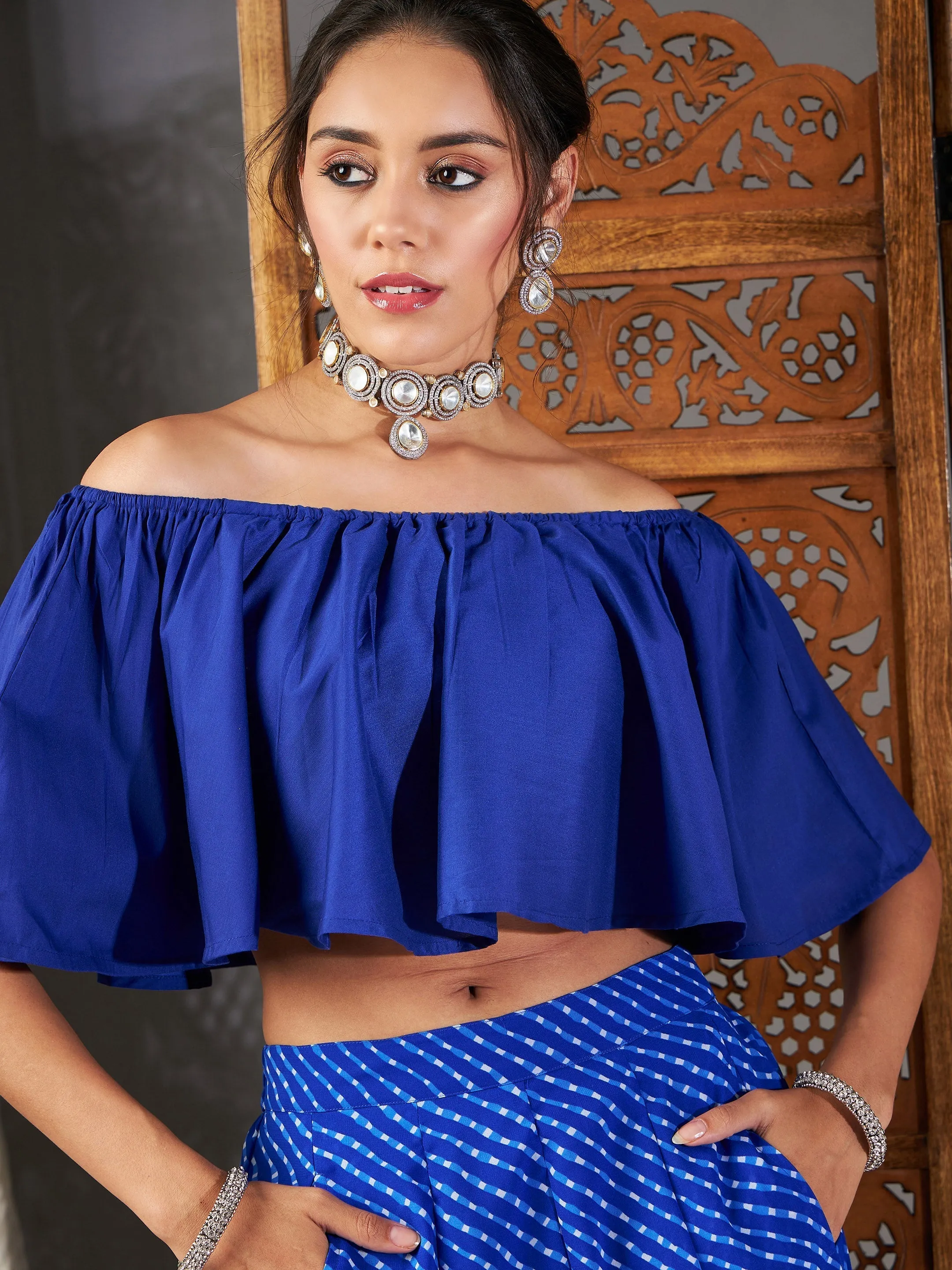 Women Blue Lehariya Off Shoulder Crop Top With Anarkali Skirt