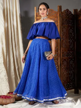 Women Blue Lehariya Off Shoulder Crop Top With Anarkali Skirt