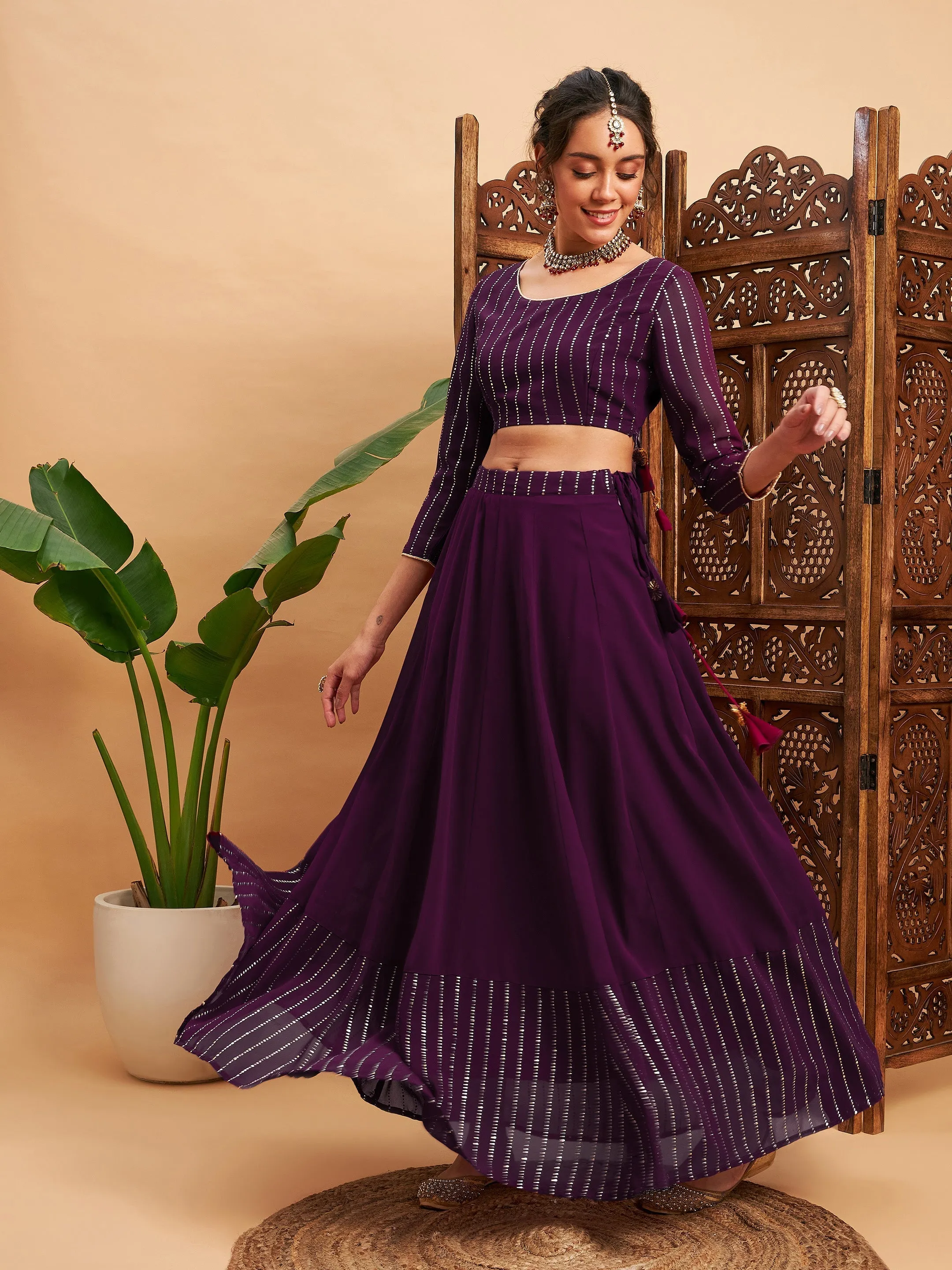 Women Burgundy Mukaish Work Anarkali Skirt With Crop Top