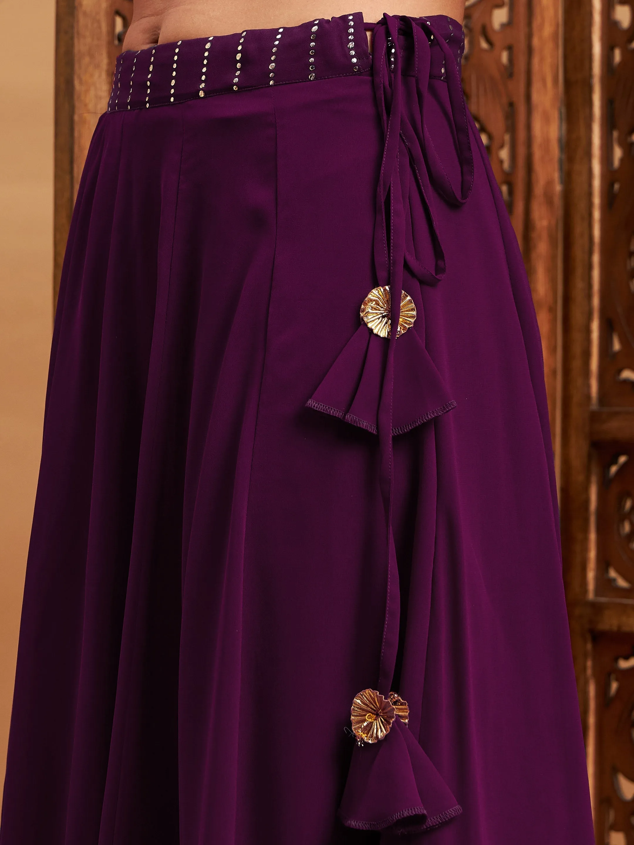 Women Burgundy Mukaish Work Anarkali Skirt With Crop Top