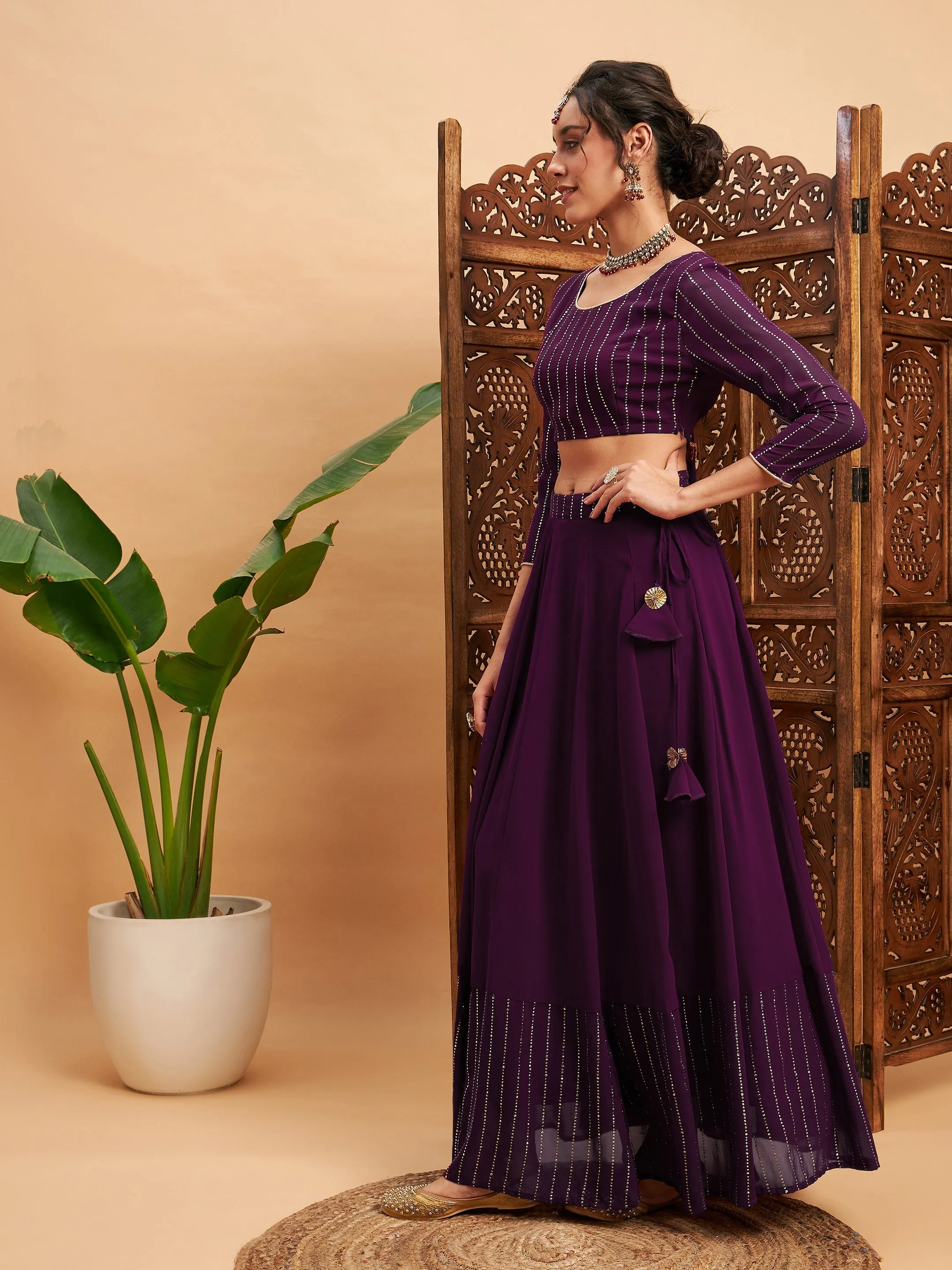 Women Burgundy Mukaish Work Anarkali Skirt With Crop Top