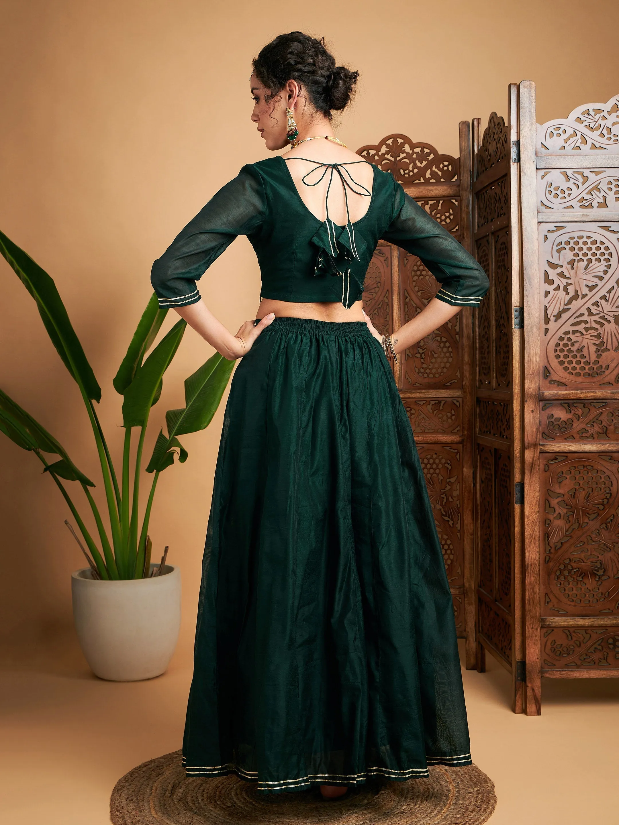 Women Emerald Embroidered Anarkali Skirt With Crop Top