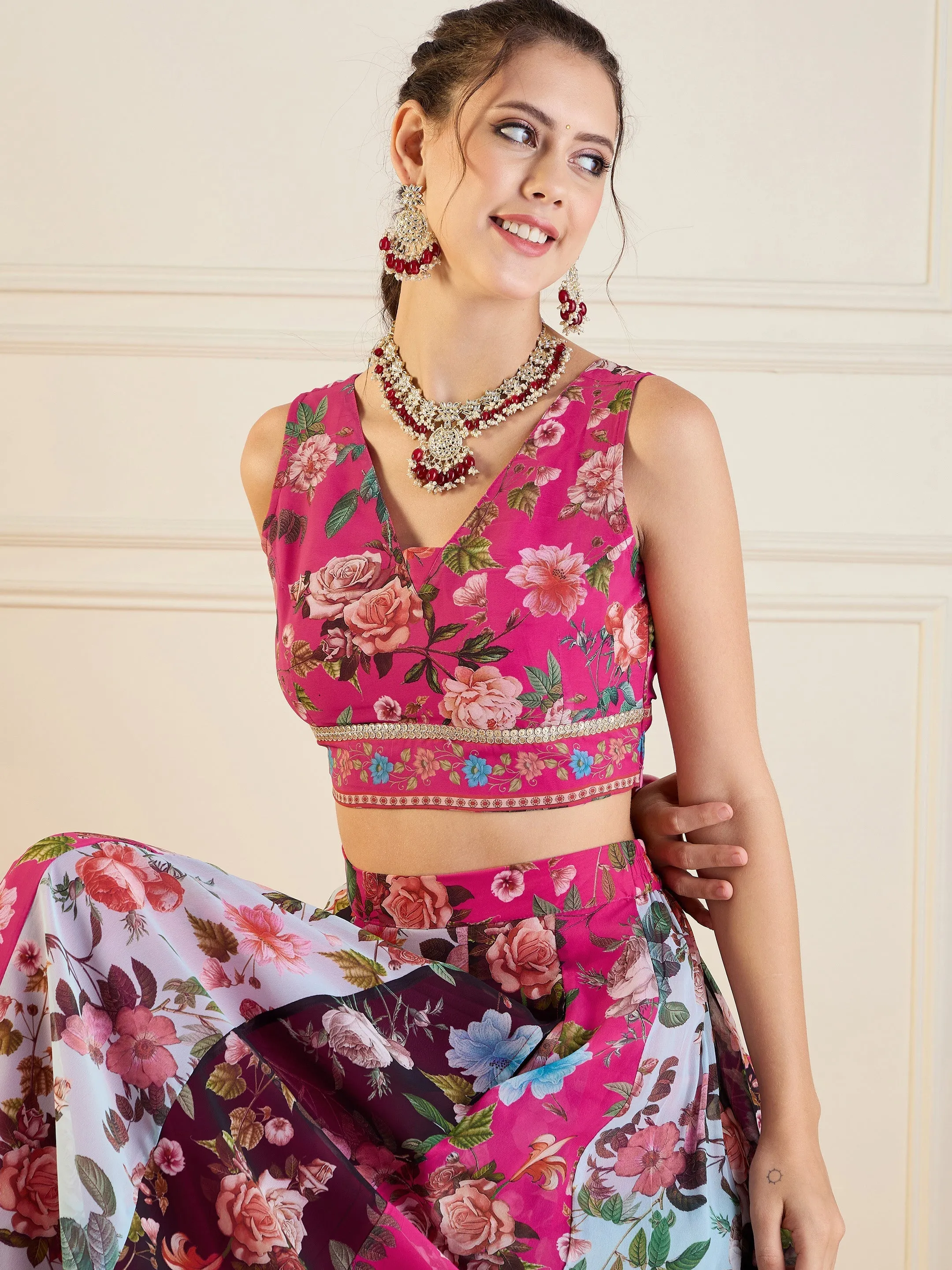 Women Fuchsia & Black Floral Anarkali Skirt With Crop Top