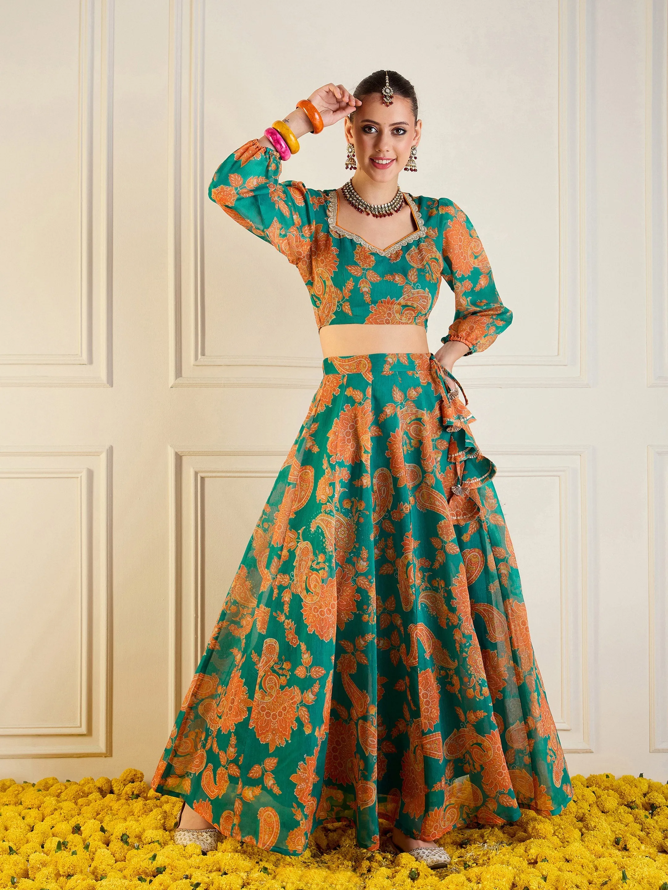 Women Green & Mustard Floral Anarkali Skirt With Crop Top