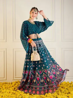 Women Green Floral Anarkali Skirt With Crop Top